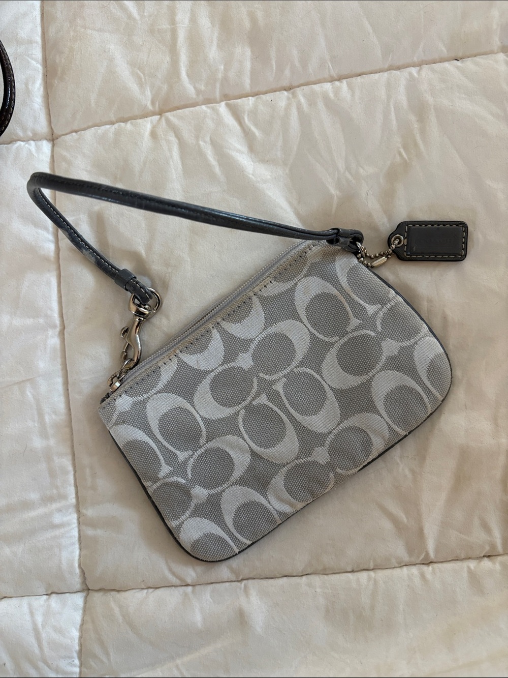 Coach Gray Signature Jacquard Wristlet with Black Leather Strap